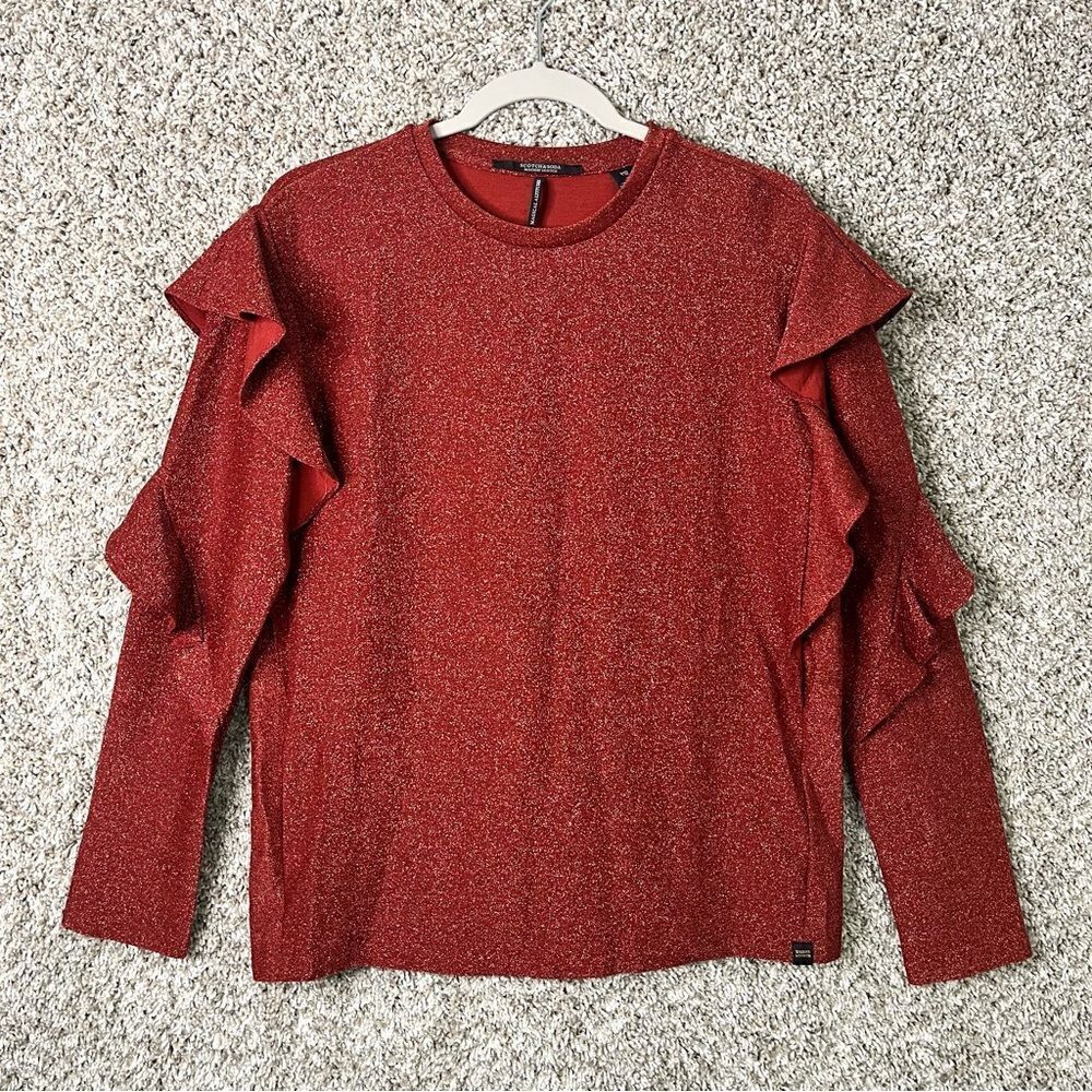 Scotch & Soda Top Women’s Small Dark Red-Orange Lurex Long Ruffle Sleeve Blouse